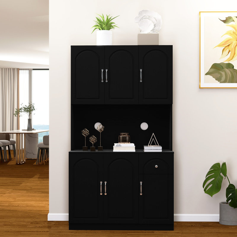 Armoire de rangement pour garde-manger avec comptoir pour four à micro-ondes, Noir, Blanc