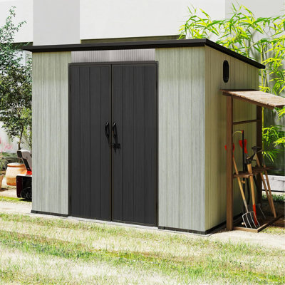 Remise de rangement extérieure en résine 6 x 8 pi avec fenêtres transparentes et évents à persiennes, remise à outils en plastique avec portes verrouillables doubles et toit incliné, remise de jardin extérieure pour la cour, le patio, la pelouse et le gris