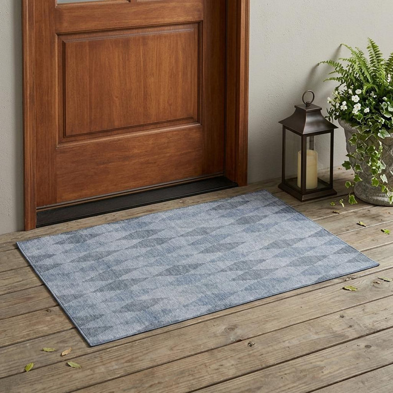 3' X 5' Denim Blue Geometric Washable Non Skid Indoor Outdoor Area Rug