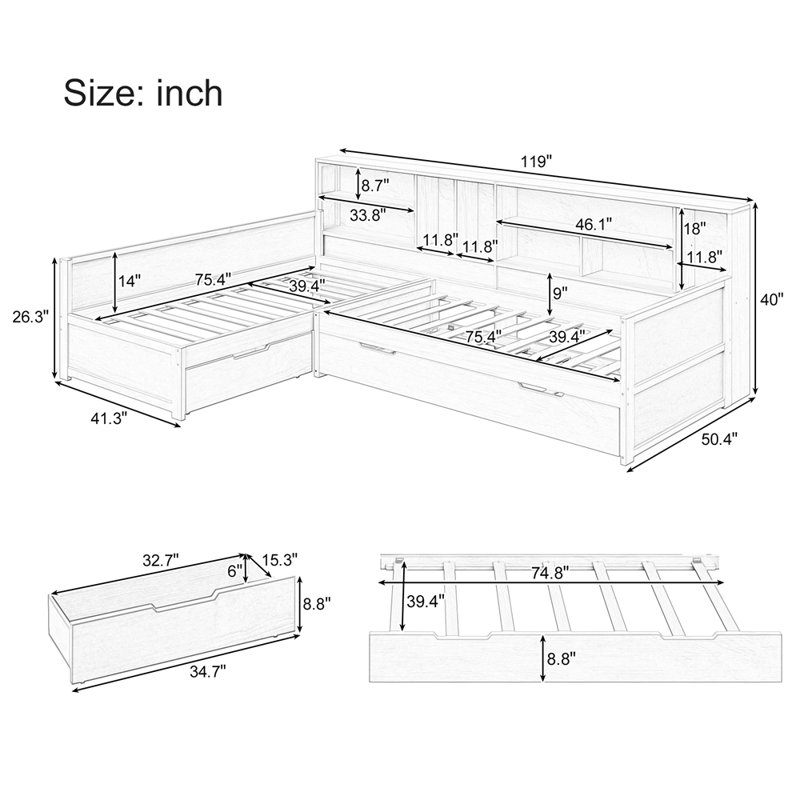 Twin Size Wooden L Shaped Daybed with Under-bed Trundle and Storage Drawer, Versatile Corner Bed Frame with Bookcases for 3