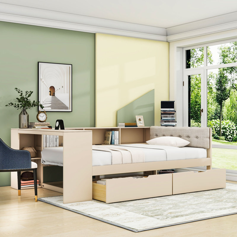 Lit plateforme à deux tiroirs en bois avec tablettes de rangement et station de charge, Complet/Double, Crème, crème