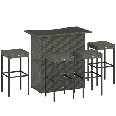 Ensemble bar et repas pour terrasse pour 4 personnes, comprenant une table et quatre tabourets de bar, gris.