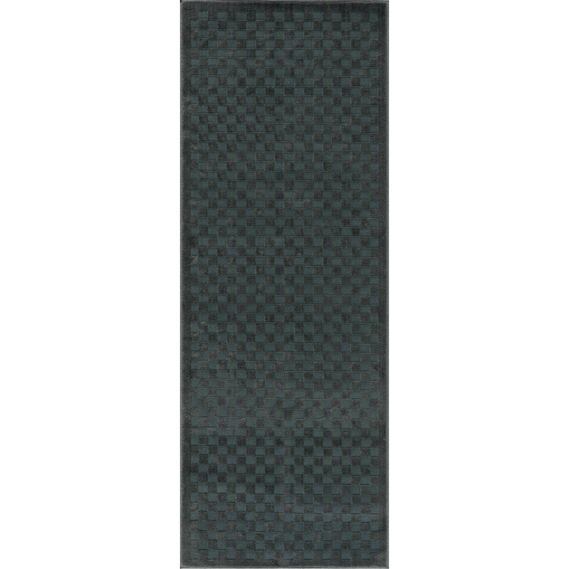 Chaki Duggans Machine Washable Oil Green / Dark Gray / Black Area Rug, Runner 2'7" x 10', Blue