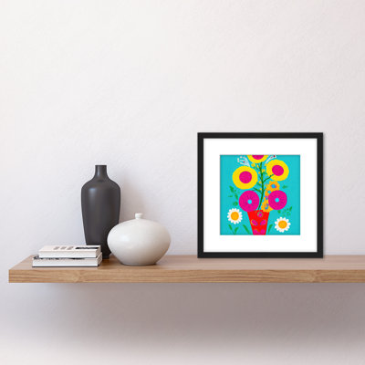 Bouquet Pink Yellow Flowers Red Vase Blue 1 Piece Single Picture Frame Painting