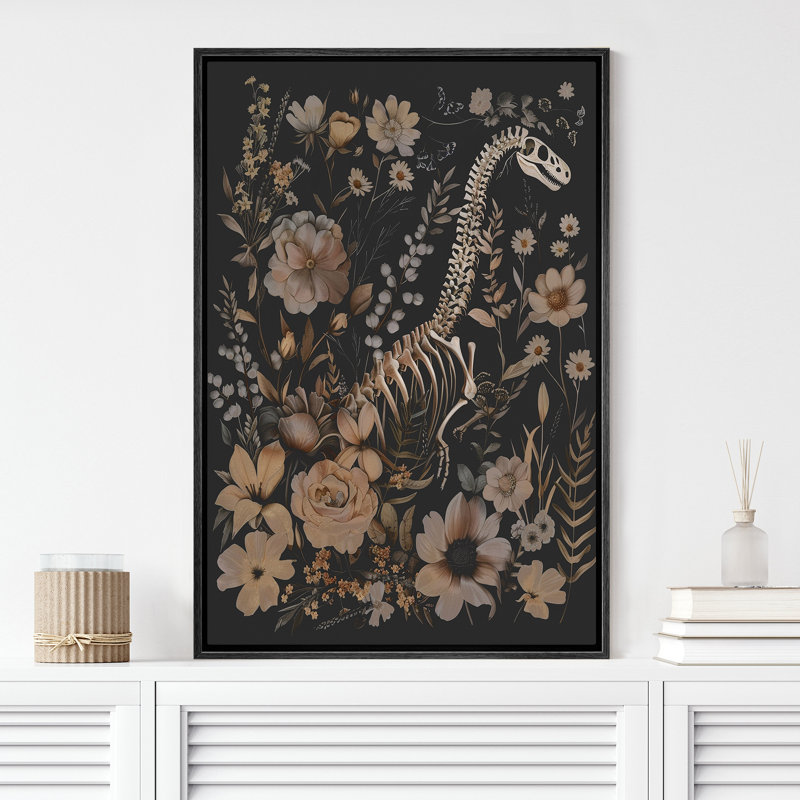 Tête de dinosaure, fleurs sauvages, animaux gothiques maussades, œuvres d'art botaniques florales foncées, Noir