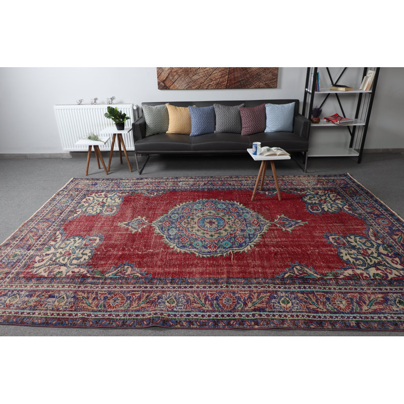 Tapis surdimensionné rétro en laine de couleur anatolienne turque rouge pour la salle à manger