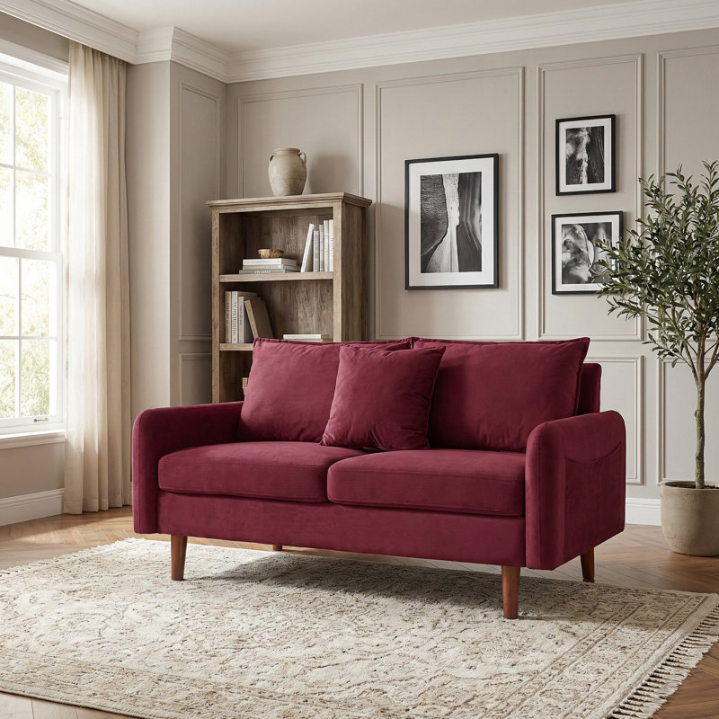 55.8" Loveseat velvet Sofa With Wooden Legs,modern Design With Cushions, Burgundy