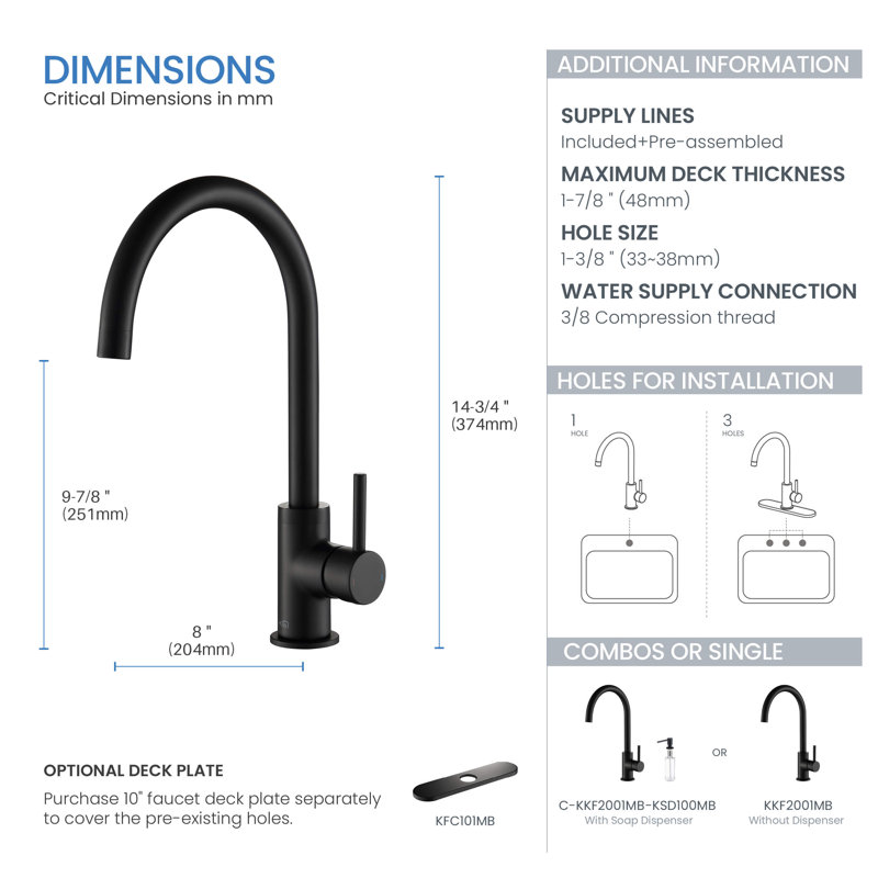 KIBI Lowa Kitchen Faucet Side Spray, Matte Black, Without Soap Dispenser