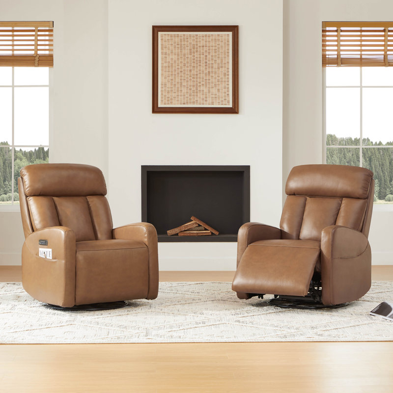 Genuine Leather Triple Motor Glider Swivel Rocker Power Recliner With Power Headrest And Power Lumbar Support, Saddle