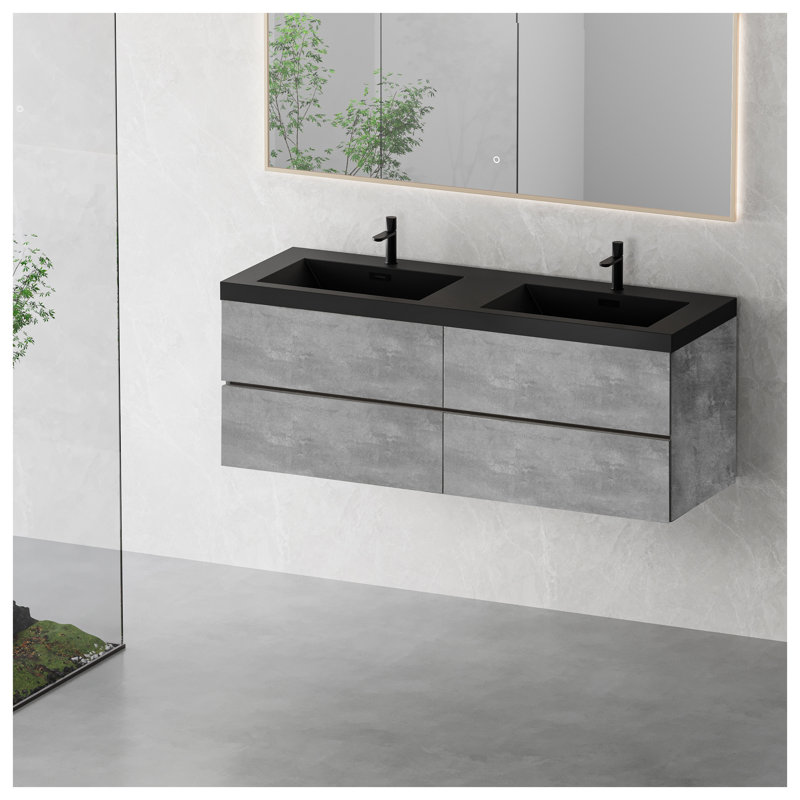 Meuble-lavabo mural de 60 po avec double lavabo en quartz noir sable, armoire en bois d'ingénierie gris ciment avec 4 tiroirs à fermeture en douceur