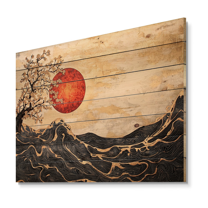 Soleil éternel du paysage japonais III - Art mural traditionnel en bois sur bois de pin naturel, H 24 po x l 32 po