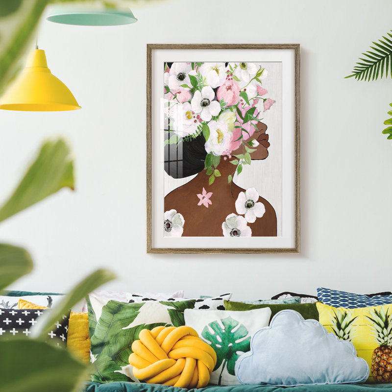 "Floral Way", reproduction encadrée, Blanc, Papier avec cadre noyer