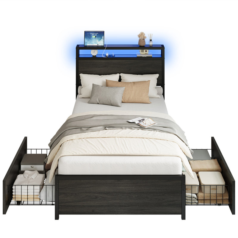 Lit moderne avec tête de lit et 2 tiroirs personnalisables, avec station de charge, lumières DEL, solution de rangement flexible pour les petits espaces, noir