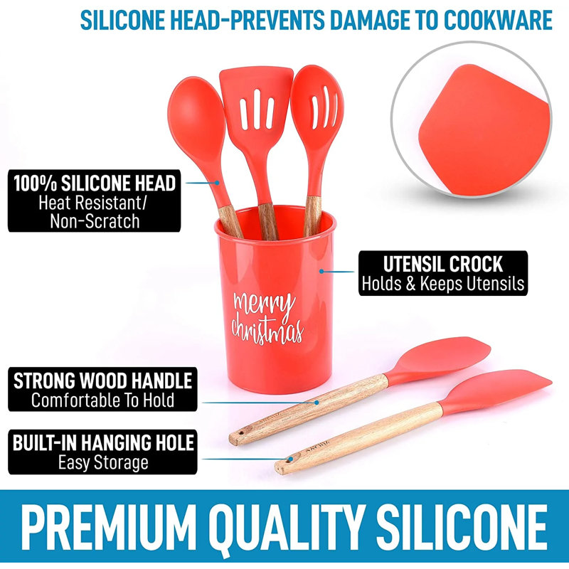 Christmas Red Silicone Utensils Set with Acacia Wood Handles
