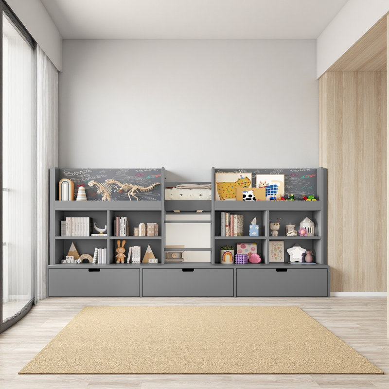 Lit mezzanine avec tablettes et rangements multiples, Très grand simple, Gris
