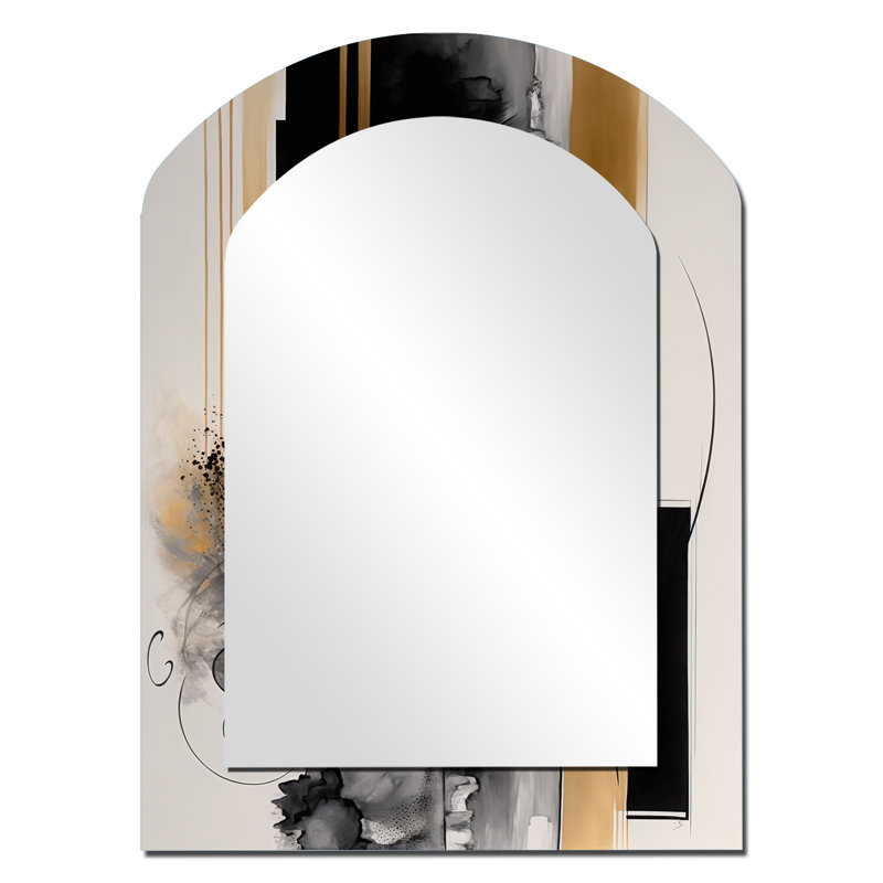 Gold Touch Art Deco II - Abstract Asymmetrical Decorative Mirror, Black Arch Wall Mirror, Printed Metal Art, 34" x 25"