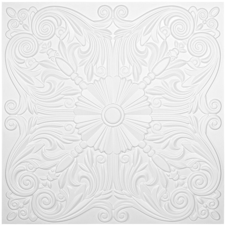 Art3d Decorative Ceiling Tile 2x2 Glue up, Lay in Ceiling Tile 24x24 Pack of 12pcs Spanish Floral in Matt White