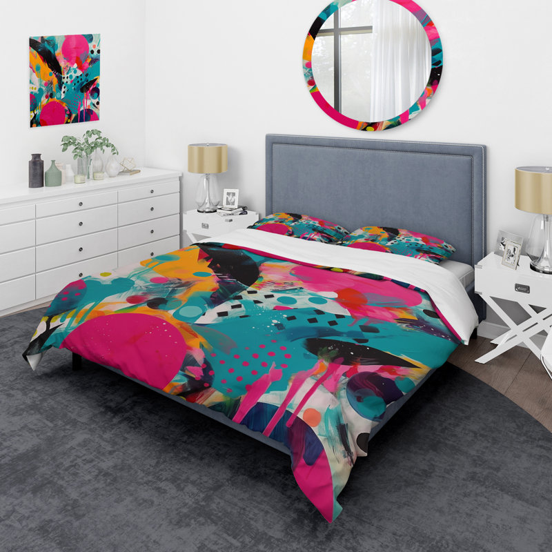 Ensemble de housse de couette abstraite rose et turquoise Enigma I, Housse de couette pour grand lit et 2 taies décor