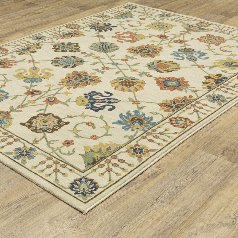 Tapis floral en polypropylène tissé à la machine ivoire / bleu / orange, Rectangle 2 pi x 3 pi