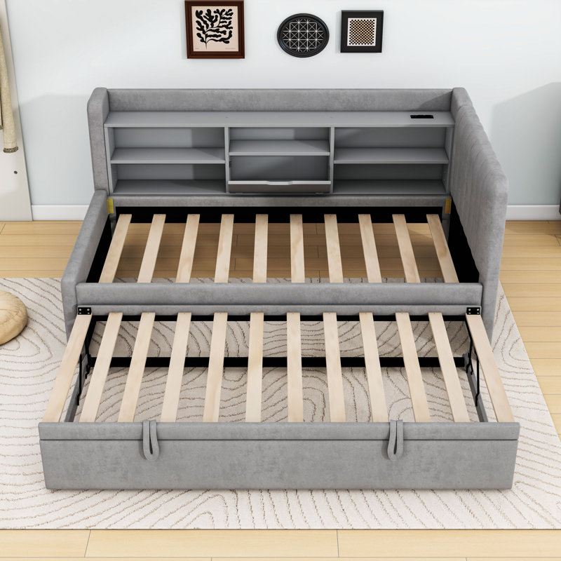 Twin Upholstered Daybed with Twin Pull-Up Trundle, Charging Station and Shelves, Gray