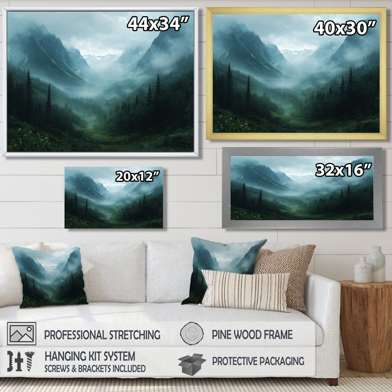 «Gennady Misty Mountain Valley - Mountains», art mural encadré, H 12 po x l 20 po, Noir