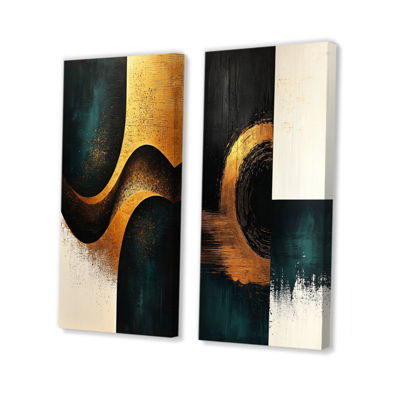Au-delà des angles, formes émeraude dorées I - Art mural abstrait 2 pièces, H 28 po x l 25 po, Toile tendue
