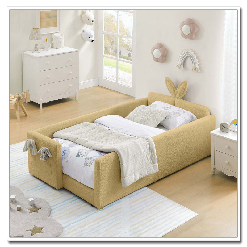 Lit plateforme tapissier simple avec tête de lit mignonne en forme d'oreille de lapin, Jaune
