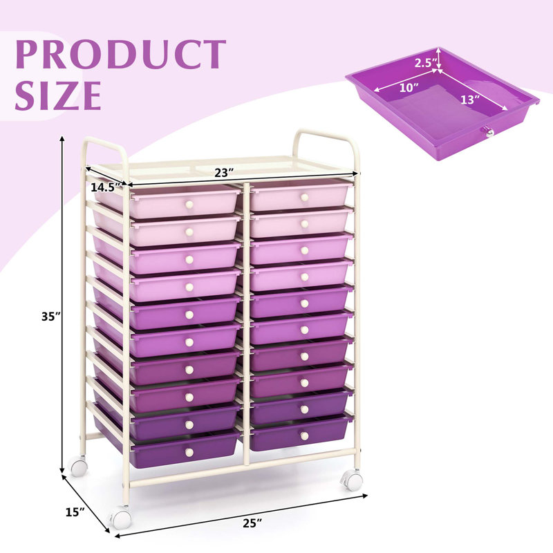 20 Drawers Rolling Storage Cart Art Craft Organizer On Wheels Multipurpose, Purple