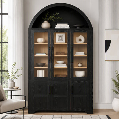 73" Tall Arched Kitchen Pantry, Farmhouse Arched Cabinet with Three Glass Doors, Kitchen Storage Cabinet with Door Shelves & Adjustable Shelves
