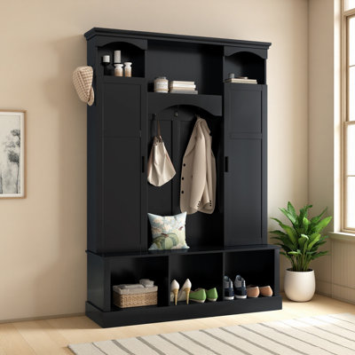 Arbre de couloir moderne tout-en-un avec tablettes réglables, banc de rangement de style campagnard arqué classique avec armoires latérales doubles