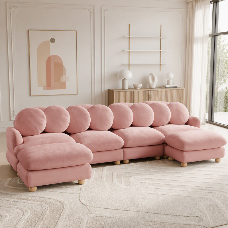 Canapé modulaire modulaire avec revêtement en chenille et repose-pieds mobile, Chenille rose