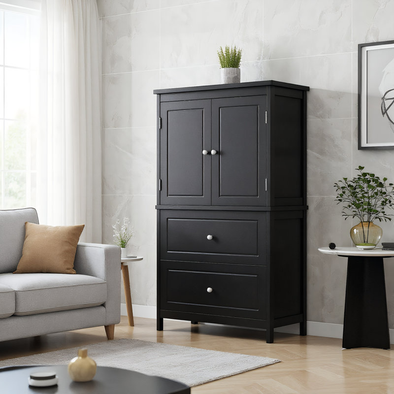 Stylish Bathroom Storage Cabinet – MDF Board Cabinet With Adjustable Shelf, Two Doors And Drawers For Ample Storage, Black
