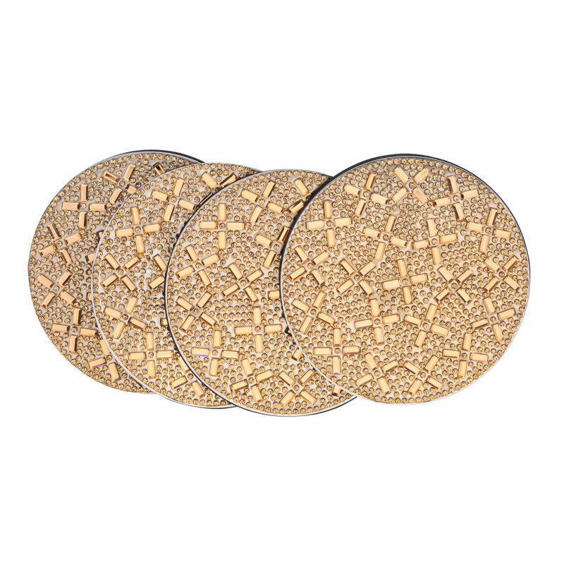Gold Rhinestone Stainless Steel Coaster Set with Holder