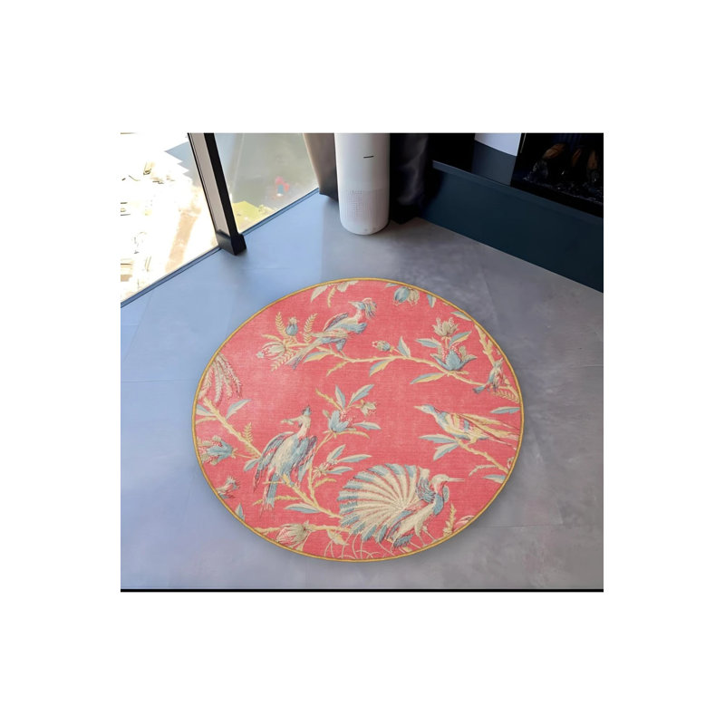 Tapis décoratif moderne à motif de branches rondes et d'oiseaux roses, Rond 3 pi 4 po