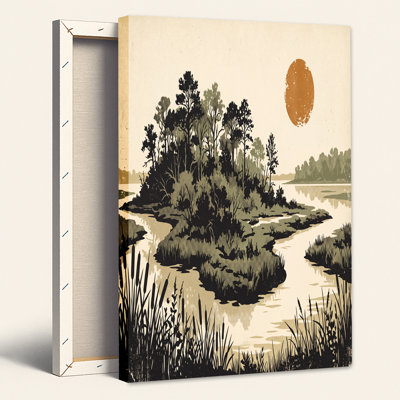 Art mural rétro sur toile demi-teinte rivière et arbres sous le soleil orange