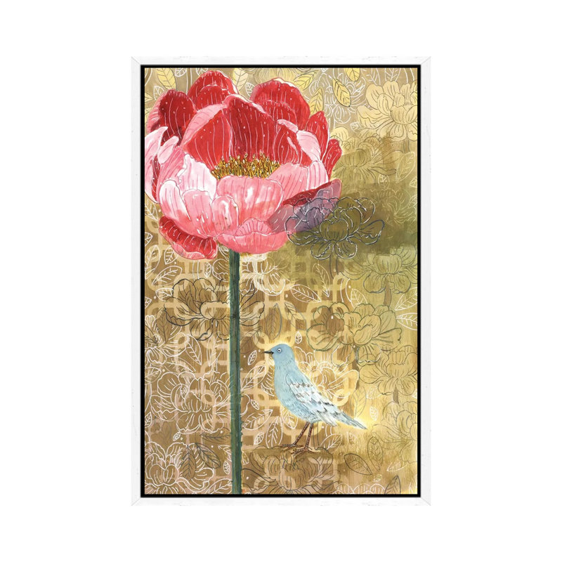 Little Bird With Pink Flower by Miri Eshet - Painting on Canvas, White Framed, 152.5 cm H x 101.5 cm W