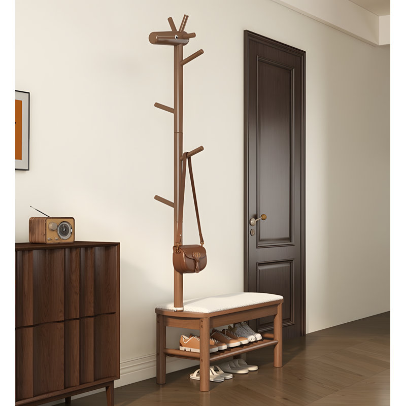 Solid Wood Deer Shoe Bench With Coat Rack, Entryway Seating Stool For Home, Multi-Functional Shoe Storage And Hallway Furniture
