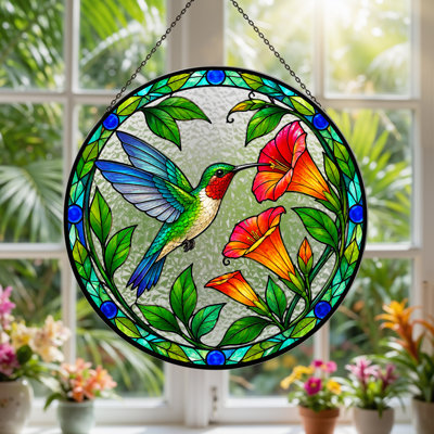 Art mural sur toile colibri et fleurs orange en vitrail circulaire