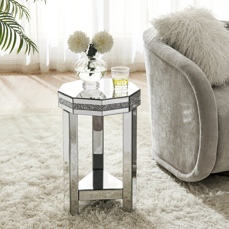 2 tables octogonales en miroir avec cristaux, décor argenté, pour le salon, la chambre à coucher, les petits espaces, l 13,8 po x P 13,8 po x H 21 po, remplisseur acrylique, structure café argenté stable, finition brillante, + verre