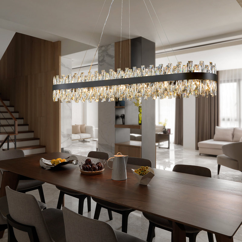 Dimmable Modern Square / Rectangle Crystals Chandelier, Matte Black