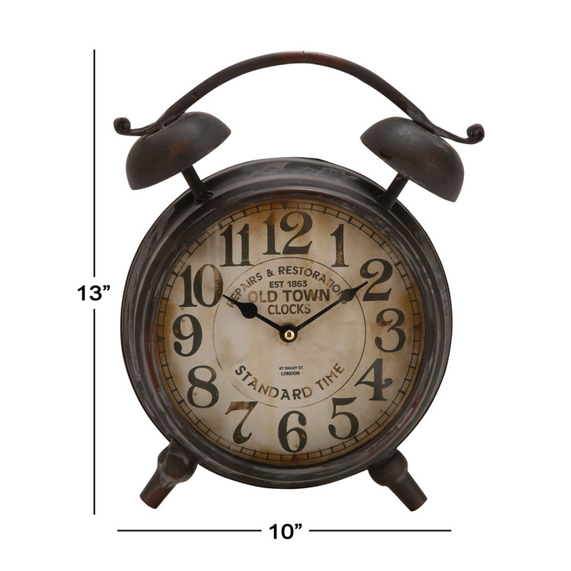 Metal Decorative Clock with Bell Style Top, Antique Black, 13" H x 10" W x 4" D