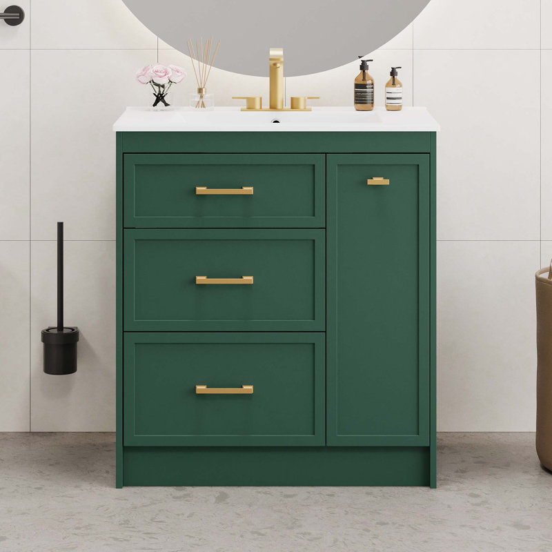 Ensemble de meuble-lavabo classique 30 po, à fixation au sol, avec trois tiroirs, dont un à double couche, avec de longues poignées dorées - parfait pour les petites salles de bain
