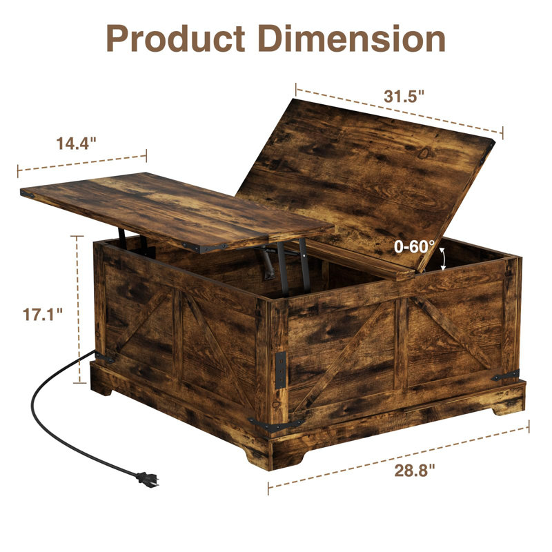 Table basse à plateau relevable avec rangement, Brun rustique, H 17,1 po x L 28,8 po x l 28,8 po