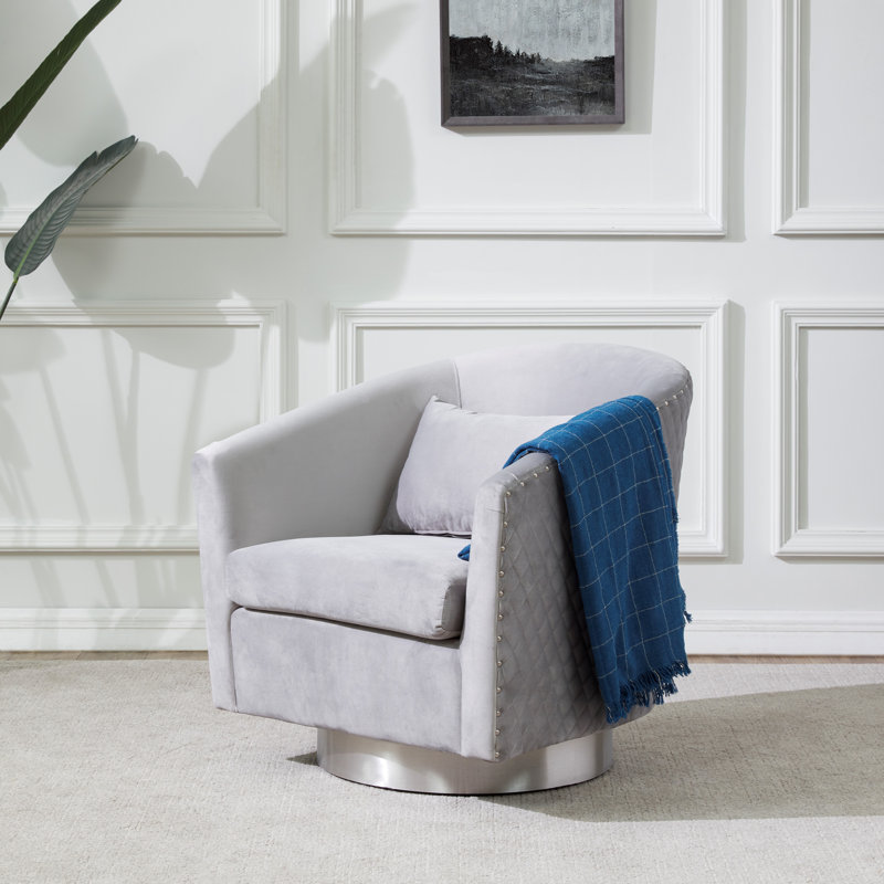 Skye Upholstered Swivel Barrel Chair, Light Gray Velvet, Silver