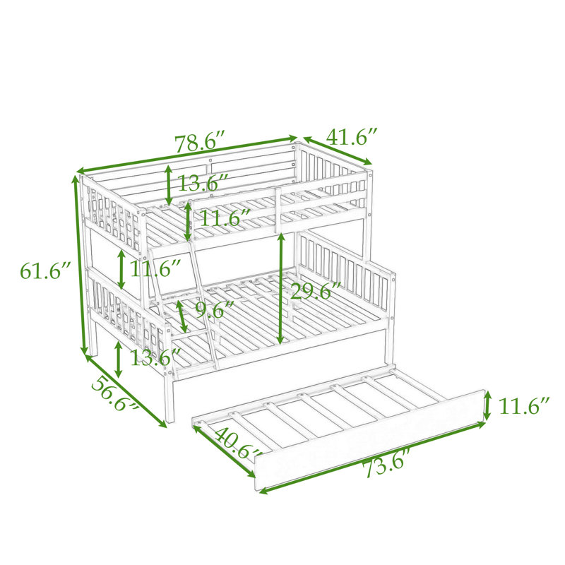 Twin Over Full Wood Bunk Bed With Twin Trundle, Built-In Ladder And Guardrail, Gray