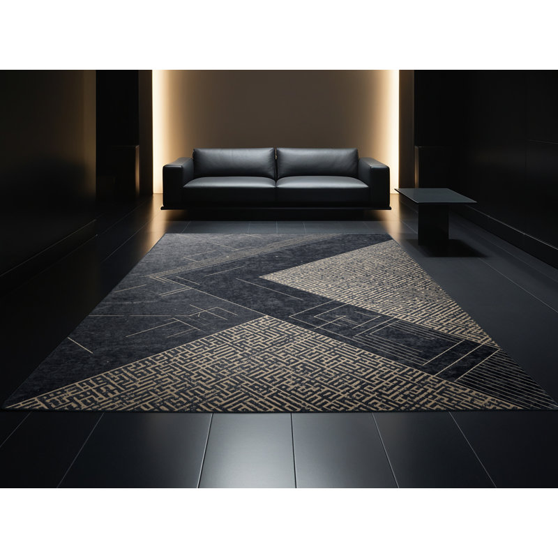Machine Washable Carlstadt Sleek & Chic Modern Geometric Shapes Rug in Black – Black Binding, 8x10