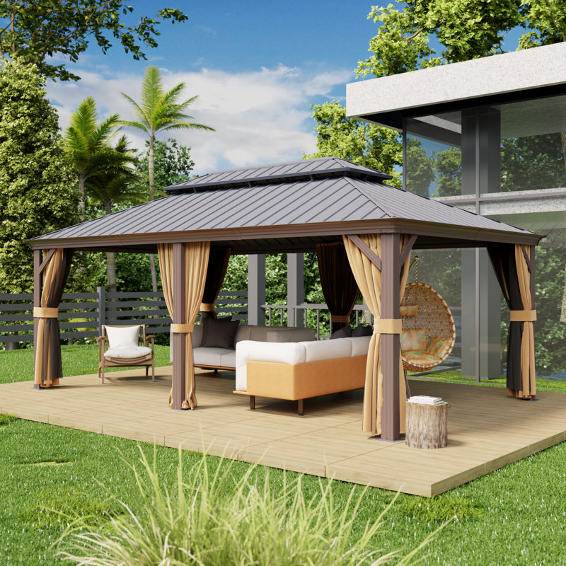 12 x 20ft Hardtop Outdoor Gazebo with Aluminum Frame and Galvanized Steel Double Roof, Mosquito Netting and Privacy Curtains
