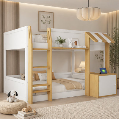 Twin XL Bunk Bed with Trundle and and Three Storage Drawers, Storage Staircase and Wardrobe, Walnut