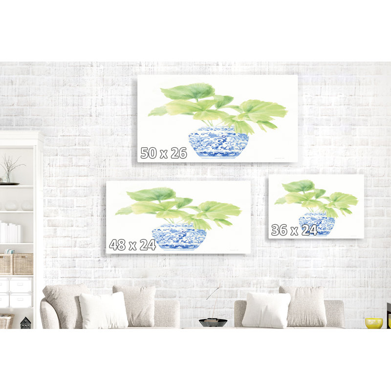 Chinoiserie, bleu, blanc, blanc, vert, palmier, fougère, feuilles, vase, H 16 po x l 24 po x P 1,5 po