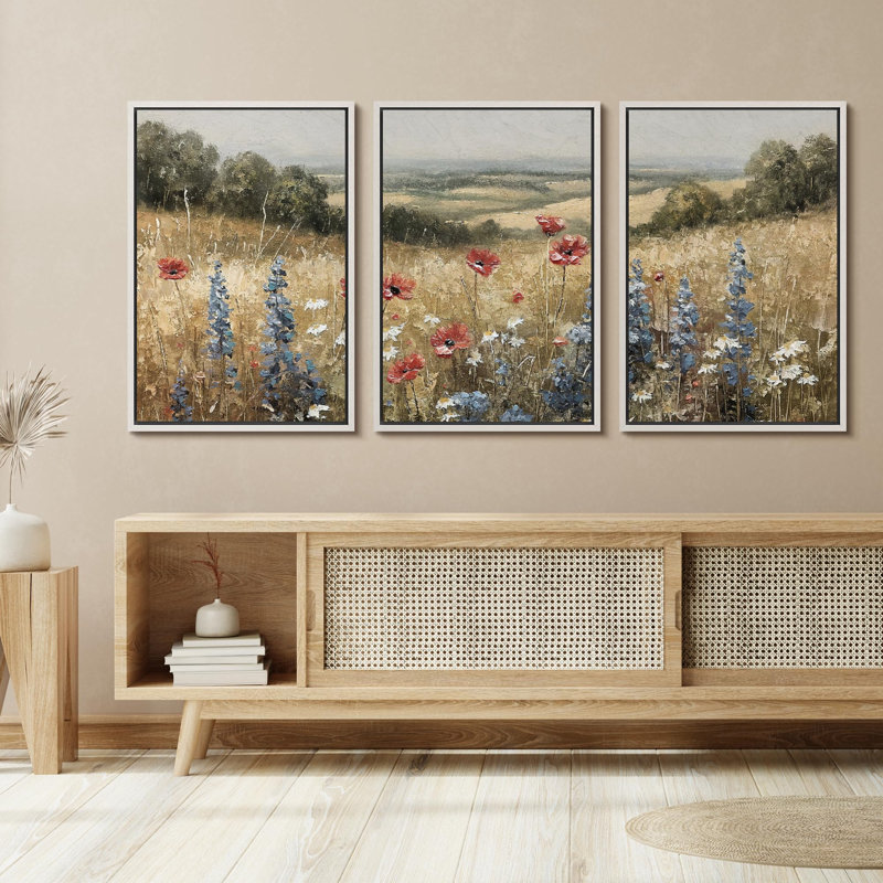 Wildflowers " Rural Splendour Delicate Wildflowers In Meadow Rustic Landscape Illustration Rustic Decor Multicolor " 3 - Pieces
